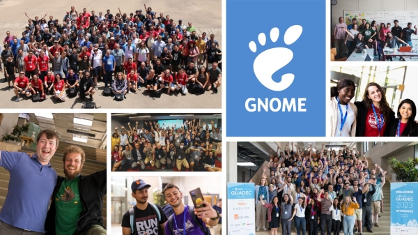 Collage of photos of GNOME community members and GNOME logo