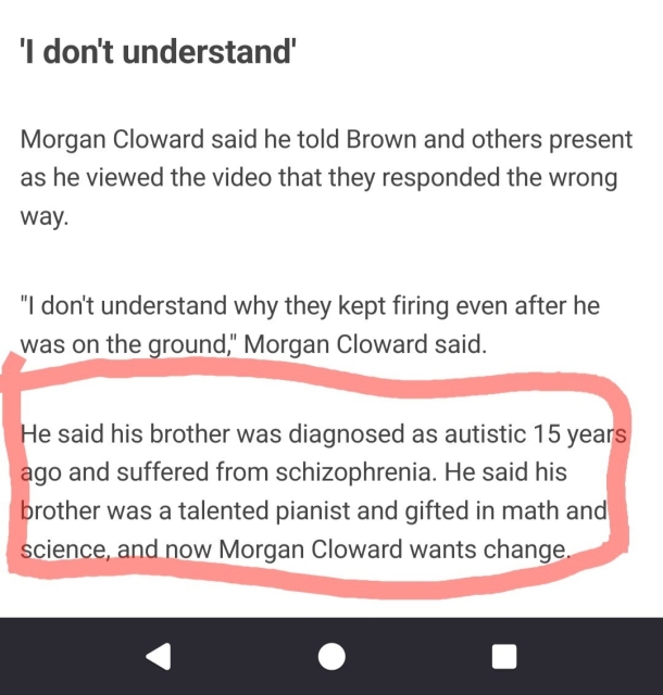 A screenshot from a news article where Cameron Cloward's brother explains that he was autistic.