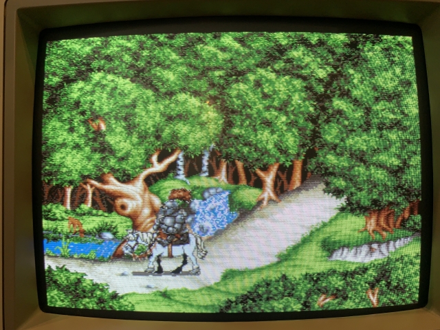 The Settlers intro screen showing an obese knight riding on a white horse. A forest in the background.