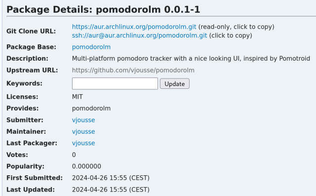Screenshot from the Archlinux package repository showing pomodrolm package with vjousse as a maintainer