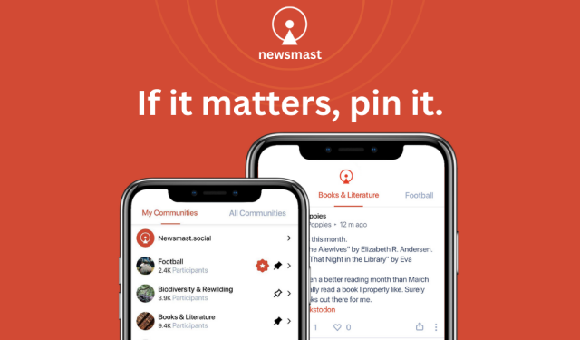 Two smartphones displaying the newsmast app interface, with a focus on community discussions, against a red circular backdrop.