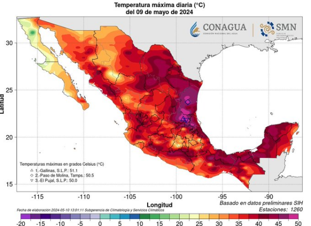 Weather map of Mexico shows historic high temperatures recorded on Thursday, May 9, 2024.