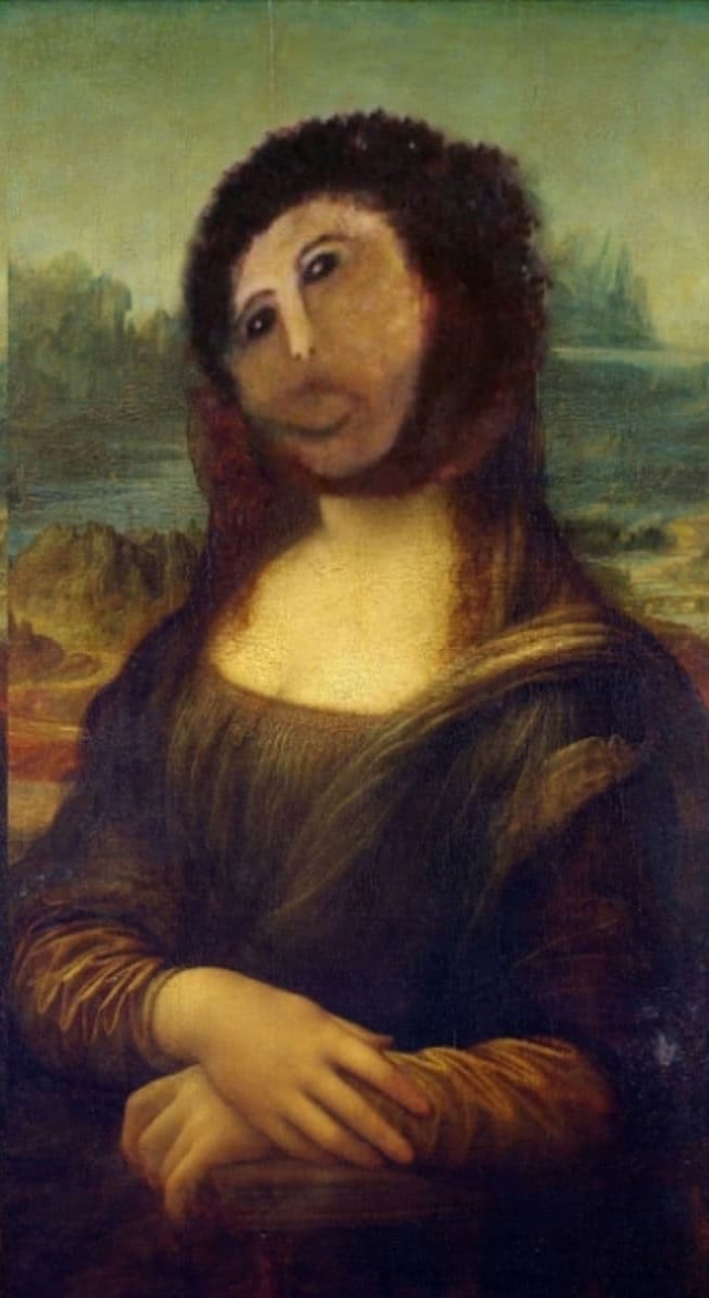 My editing of the Mona Lisa to replace the face with the face from the "Ecce Homo" painting after Cecilia Giménez's 2012 attempted restoration - the painting of Jesus in a Spanish church that an old woman tried to restore and made a mess of.