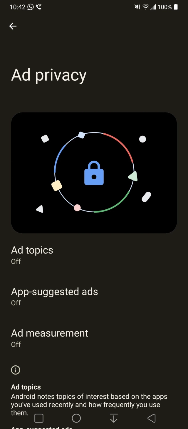 A screenshot of the Ad Privacy page where the options "Ad topics", "App-suggested ads", and "Ad measurement", are labelled "OFF".