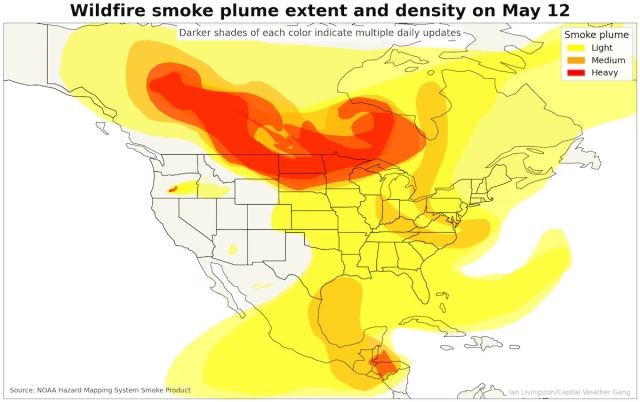 Map of North America, showing wildfire smoke plume extent and density on May 12. Areas of heavy smoke are indicated throughout much of central Canada and drifting into the U.S. upper midwest.