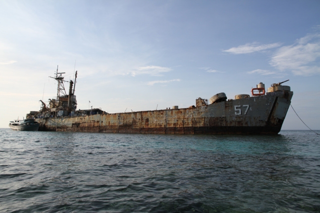 The Sierra Madre was grounded on the Second Thomas Shoal by the Philippines authorities in the 1990s — a detachment of marines is stationed on the rusting hulk.