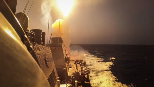 The USS Carney engages Houthi missiles and drones in the Red Sea in October 2023. Photo: Aaron Lau/DVIDS