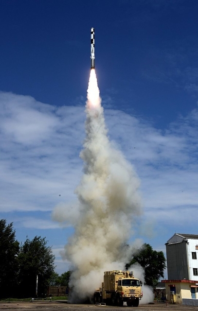A BrahMos supersonic cruise missile fired from a land-based mobile launcher. 