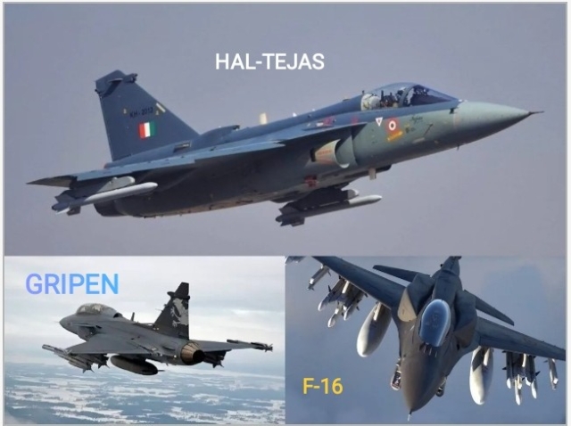 A Swedish JAS39 Gripen, US F-16 and an Indian HAL-Tejas jet fighter are shown in flight in a composite picture 