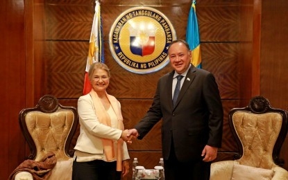 OFFER FOR PAF MODERNIZATION. Sweden Ambassador to the Philippines, Annika Thunborg (left) and Department of National Defense Secretary Gilberto C. Teodoro Jr. (right) during their meeting at DND headquarters in Camp Aguinaldo, Quezon City on Aug. 14, 2023. During their meeting, Thunborg offered the Saab JAS-39 "Gripen" to the Philippine Air Force for its modernization needs. (Photo courtesy of DND