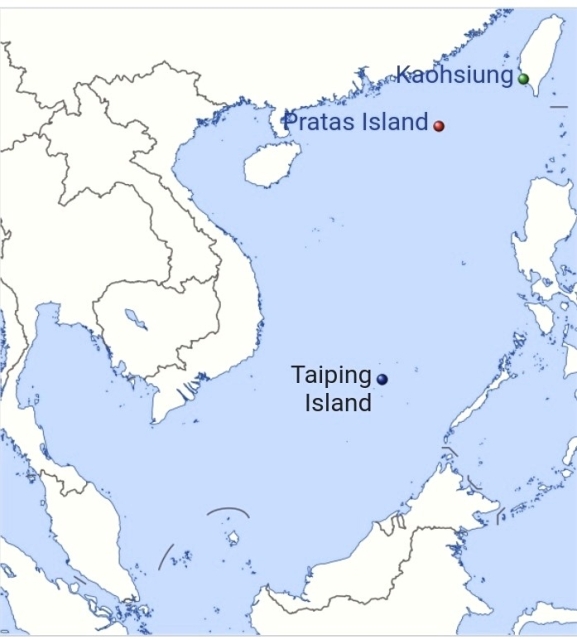 Taiping Island, also known as Itu Aba,[note 1] and various other names, is the largest of the naturally occurring Spratly Islands in the South China Sea.[3][4][5][6][note 2] The island is elliptical in shape being 1.4 kilometres (0.87 mi) in length and 0.4 kilometres (0.25 mi) in width, with an area of 46 hectares (110 acres). It is located on the northern edge of the Tizard Bank (Zheng He Reefs; 鄭和群礁). The runway of the Taiping Island Airport is easily the most prominent feature on the island, running its entire length.