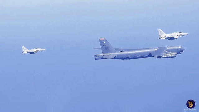 JOINT AIR PATROL. FA-50s of the Philippine Air Force fly with a B-52H bomber aircraft of the United States Pacific Air Force during the Maritime Cooperative Activity on February 19 over the West Philippine Sea.

ARMED FORCES OF THE PHILIPPINES FACEBOOK PAGE.
