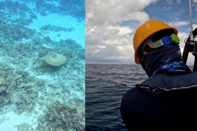 Photo of damaged corals (left) and a diver (right) in Rozul Reef, located within the West Philippine Sea