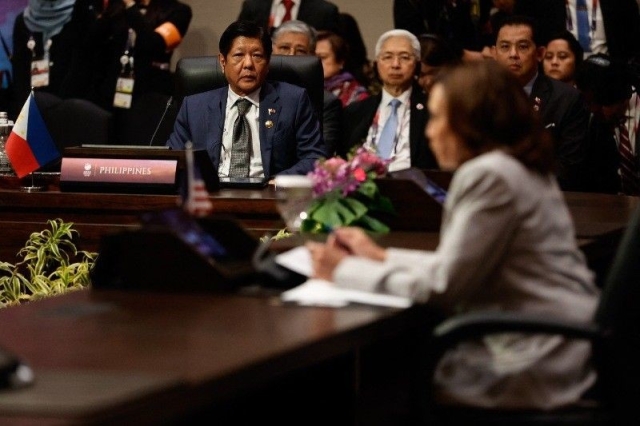 Philippine's President Ferdinand Marcos Jr. (L) listens as US Vice President Kamala Harris speaks during the 11th ASEAN-US Summit as part of the 43rd ASEAN Summit in Jakarta on September 6, 2023.
Willy Kurniawan / Pool / AFP