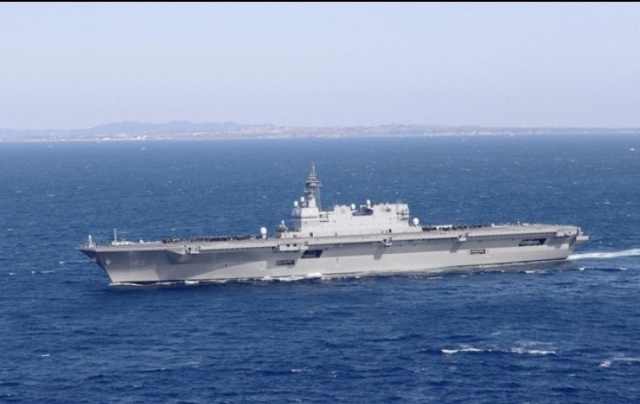 This file photo taken on Nov. 6, 2022, shows the Japan Maritime Self-Defense Force's largest destroyer, the Izumo, in Sagami Bay off Kanagawa Prefecture.