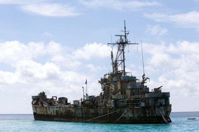 The BRP Sierra Madre, a transport ship used as a military outpost of the Philippine Marines, marooned at Ayungin Shoal in the West Philippine Sea, on March 2014. 