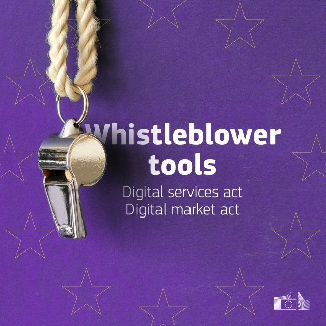 An illustration depicting a whistle hanging from the top centre of the image connected to a thin rope, overlaid with a crown of stars representing the European flag emblem. In the middle of the circle of stars near the whistle, text reads 'Whistleblower Tools - Digital Services Act and Digital Markets Act.