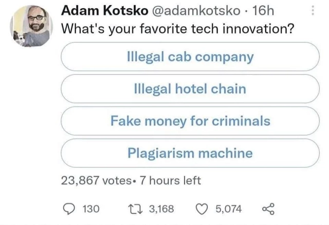 vote screen: What's your favorite tech innovation?

Illegal cab company

Illegal hotel chain

Fake money for criminals

Plagiarism machine