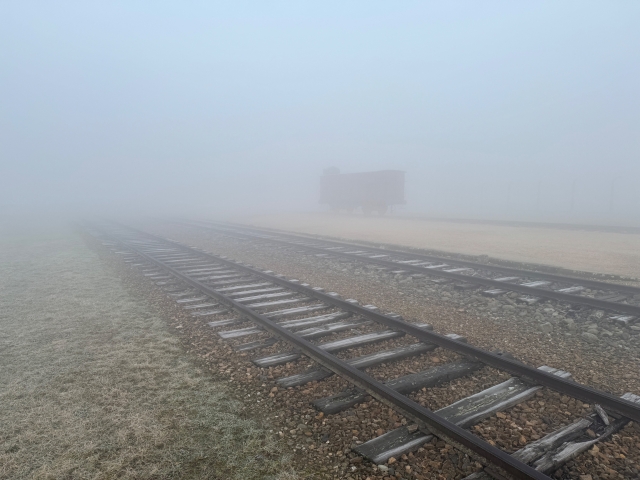 A foggy railway scene with a single freight car in the distance, situated on multiple intersecting tracks, conveying a quiet, misty  atmosphere. The site of the selection and unloading platform at the former Auschwitz II-Birkenau camp.