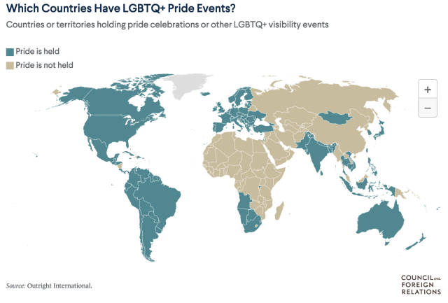 Blue countries hold pride celebrations or other LGBTQ+ visibility events