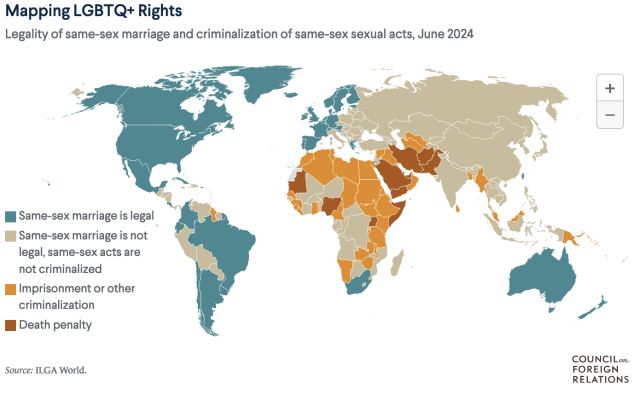 Legality of same-sex marriage and criminalization of same-sex sexual acts, June 2024