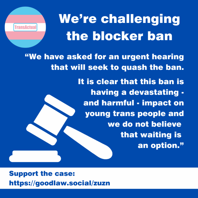 illustration of a hammer and gavel. Text says: We're challenging the blocker ban. “We have asked for an urgent hearing that will seek to quash the ban. It is clear that this ban is having a devastating - and harmful - impact on young trans people and we do not believe that waiting is an option.” Support the case: https://goodlaw.social/zuzn