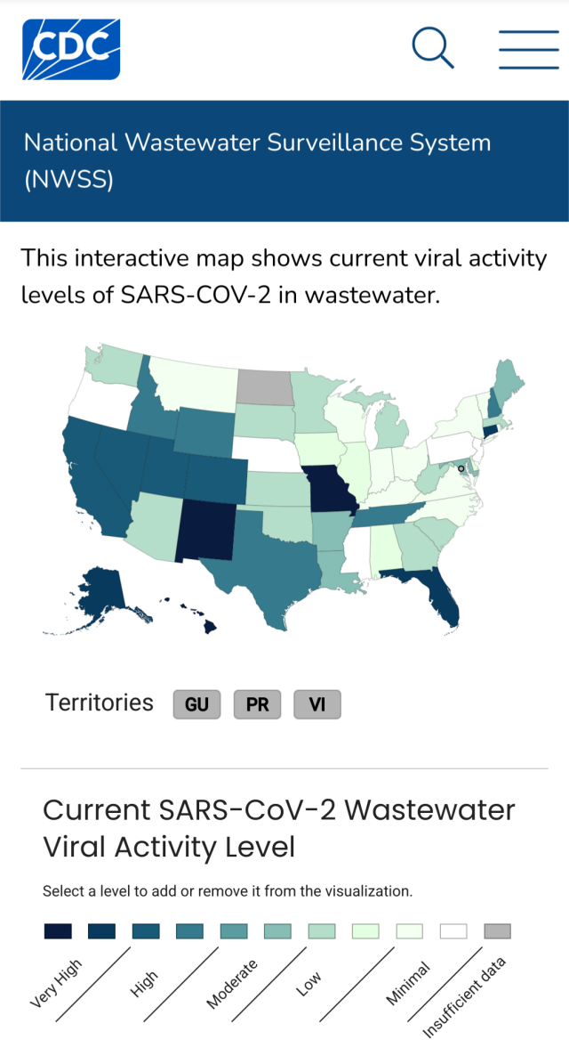 Screen shot of the 
CDC National Wastewater Surveillance page
This interactive map shows current viral activity levels of SARS-COV-2 in wastewater.
Current SARS-CoV-2 Wastewater Viral Activity Level
From "very high" down to minimal.
Currently 15 states (including CA, FL, TX, the three most populous states, with more than 25% of the people in the US) are "high" or "very high."