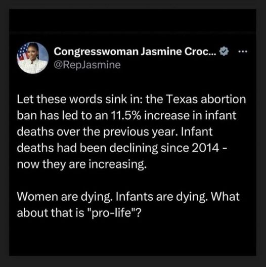 Congresswoman Jasmine Croc... @RepJasmine

Let these words sink in: the Texas abortion ban has led to an 11.5% increase in infant deaths over the previous year. Infant deaths had been declining since 2014 - now they are increasing.

Women are dying. Infants are dying. What about that is "pro-life"? 