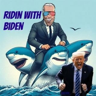 Color Illustration.
President Biden rides 3 sharks joined together. 
Biden is centered in the image and his implied movement is toward the right where a figure of a screaming, running convicted felon Trump appears to be fleeing.
The words "Ridin With Biden," are at the top left.
