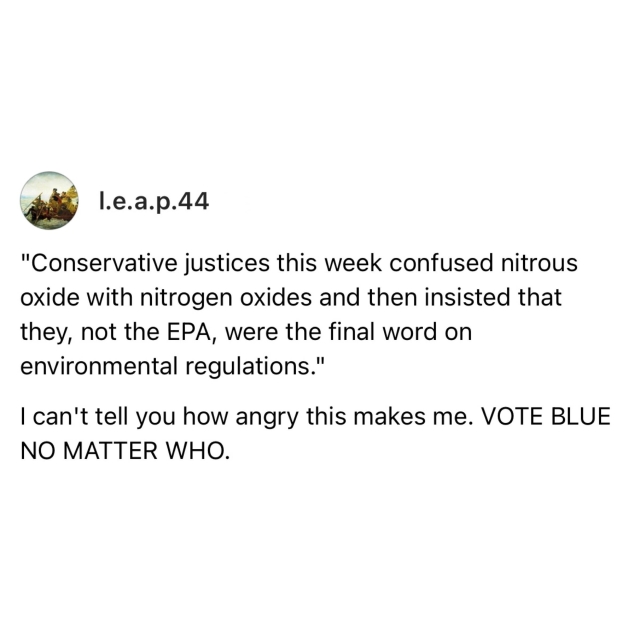 Screenshot of a Threads post by l.e.a.p.44: 

"Conservative justices this week confused nitrous oxide with nitrogen oxides and then insisted that they, not the EPA, were the final word on environmental regulations." 

I can't tell you how angry this makes me. VOTE BLUE NO MATTER WHO.
