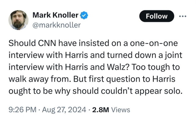 Mark Knoller twoot:

Should CNN have insisted on a one-on-one interview with Harris and turned down a joint interview with Harris and Walz? Too tough to walk away from. But first question to Harris ought to be why should couldn’t appear solo