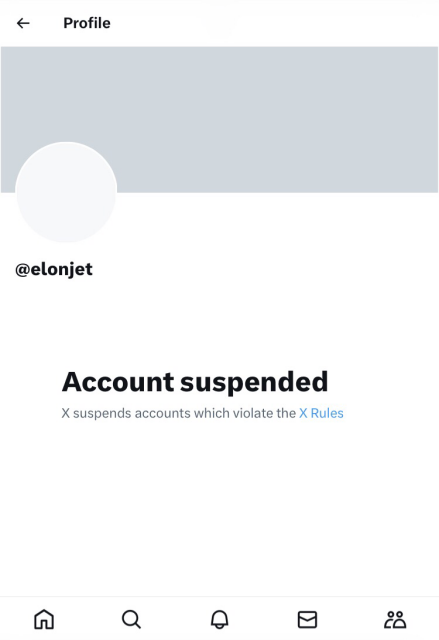 Picture of @elonjet@mastodon.social ‘s twitter account suspended