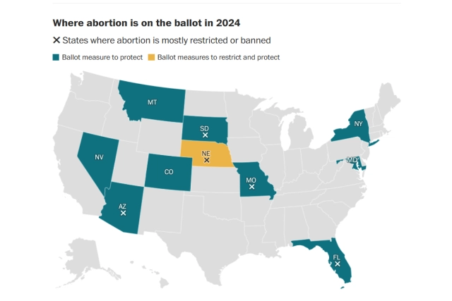 Chart from article showing "Where abortion is on the ballot in 2024"

States with "Ballot measures to protect"
Montana
Nevada
Arizona (where abortion is mostly restricted or banned)
Colorado
South Dakota
Missouri (where abortion is mostly restricted or banned)
New York
Maryland
Florida (where abortion is mostly restricted or banned) 

States with "Ballot measures to restrict and protect"
Nebraska (where abortion is mostly restricted or banned)