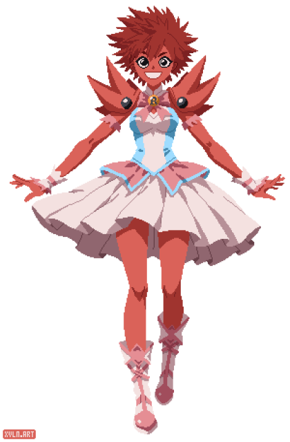 a pixel art picture drawn in an anime style. it's of magical girl with bright red skin and hair. her outfit is red and pink, with blue trim. on her shoulders are what looks like pieces of a large ferris (the rustacean), and she has a gem/bauble with the letter R in it. 