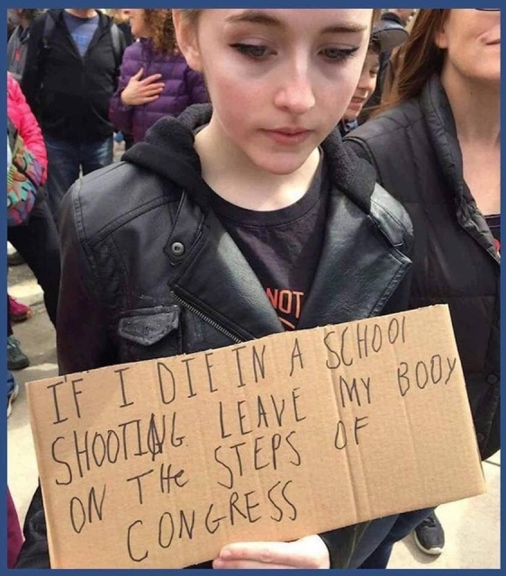 A photo of a young middle school-aged girl looking incredibly sad while walking in a parade and holding a protest sign that says "If I die in a school shooting, leave my body on the steps of Congress." 