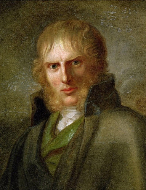 Gerhard von Kügelgen portrait of Caspar David. Friedrich.

Caspar David Friedrich is depicted from the chest up, with a serious and contemplative expression. His face is slightly turned to one side, with his gaze directed off to the left, giving the impression of deep thought or introspection. Friedrich’s features are defined by high cheekbones, a broad forehead, and a full head of wavy, light brown hair. His appearance conveys an intellectual and reserved nature, in line with his reputation as a reflective and deeply spiritual artist.

Friedrich is dressed in a dark coat, typical of the early 19th century, with a high collar and a cravat around his neck.