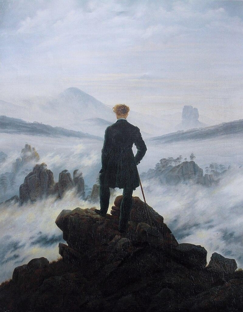 Wanderer above the Sea of Fog (1818), Kunsthalle Hamburg
Caspar David Friedrich - The photographic reproduction was done by Cybershot800i. (Diff)

The hiker stands as a back figure in the center of the composition. He looks down on an almost impenetrable sea of ​​fog in the midst of a rocky landscape - a metaphor for life as an ominous journey into the unknown.