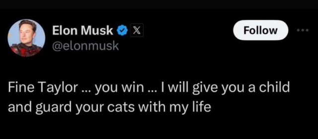 Elon Musk post:  Fine Taylor ... you win ... I will give you a child and guard your cats with my life