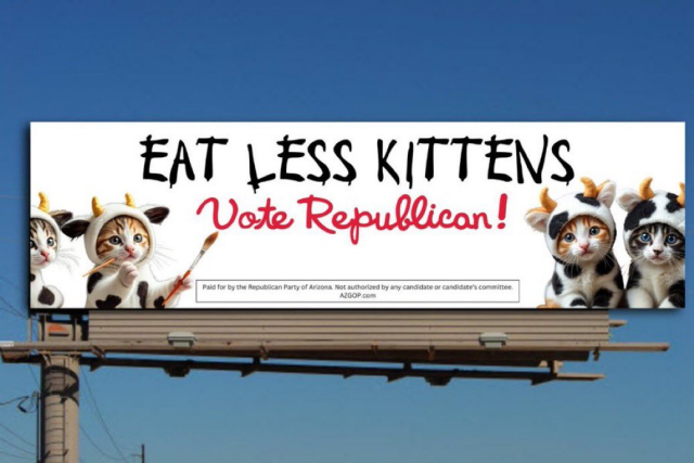 Billboard with kittens in cow costumes with the words:

EAT LESS KITTENS , Vote Republican! 