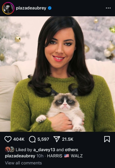 Instagram post from Aubrey Plaza. She's holding a cat which looks like "grumpy cat" and wearing a green sweater. She's written "HARRIS 🇺🇸 WALZ"