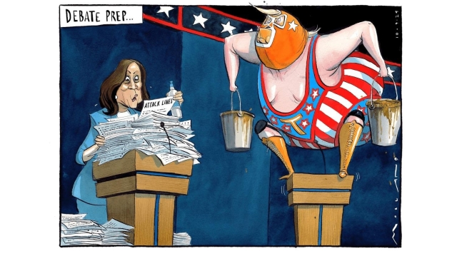 CARTOON: Kamala Harris is prepared for the debate with well-researched notes. And Trump, dressed like a wrestler, is prepared with two overflowing buckets of mud.