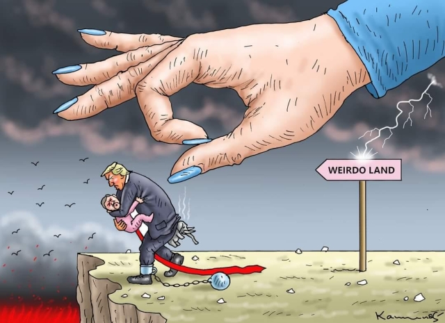 Trump being cast out by a huge hand that is FLICKING him off the edge of a cliff into WEIRDO LAND.