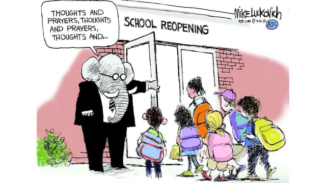 Republican opening a door to the new school year reciting the platitude of "Thoughts and prayers."