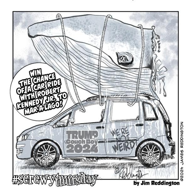 A cartoon of a hacked-apart whale strapped to the top of a campaign car reading Trump & Couch Boy 2024 with the tantalizing offer to "Win the chance of a car ride with Robert Kennedy Jr to Mar-a-Lago."