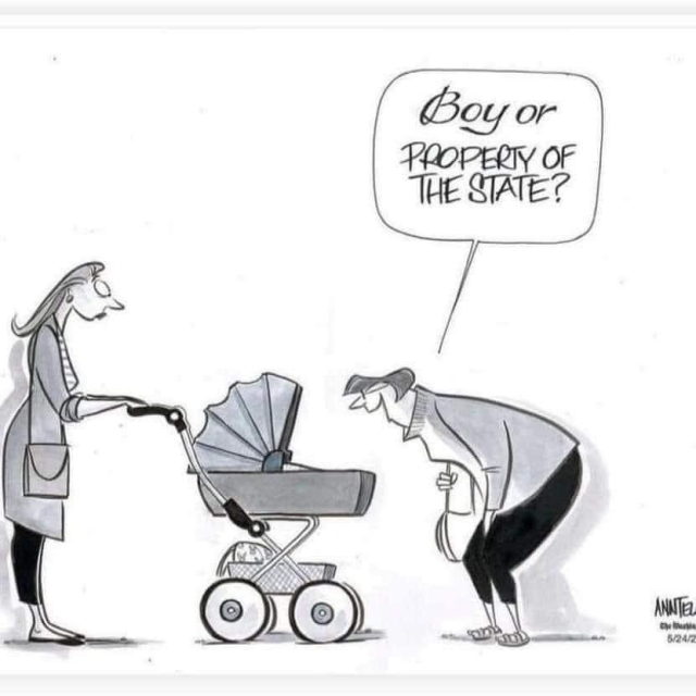 The role of future women once they are out of the pram and grown (ready to be baby makers) in the Project 2025 dystopian plans of Republicans.
A woman leans into a pram, looks at the baby, and asks the mother, "Boy or Property Of the State?"