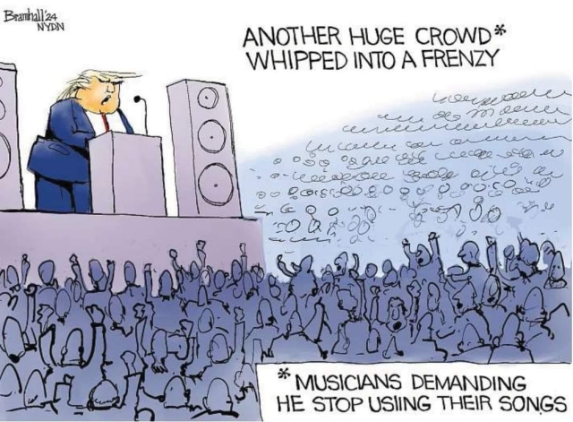 Trump whipping his followers into a frenzy as he uses the music of famous musicians without authorization or payment.