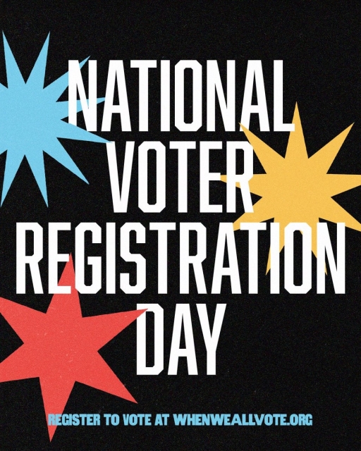 Poster with colorful stars promoting National Voter Registration Day, featuring a call to action to register to vote at whenweallvote.org.