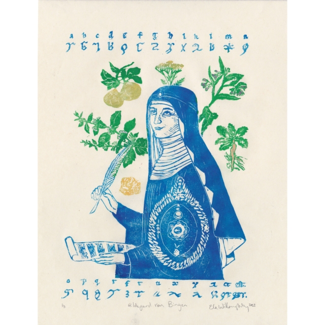 This is my 11" x 14" linocut of Hildegard von Bingen (1098-1179), surrounded by plants & a mineral she touted as medical treatments, her invented alphabet & model of the universe, on ivory Japanese washi paper. She is printed in dark blue. She is dressed in a habit holding a scroll with one of her Gregorian chants in Medieval musical notation. Her model of the universe is depicted on her habit. Clockwise from the top, she is surrounded: by tansy (Tanacetum vulgare) which has antibacterial and toxic contents; common comfrey (Symphytum officinale) is sometimes used on the skin to treat wounds and reduce inflammation from sprains and broken bones, it roots and leaves contain allantoin, a substance that helps new skin cells grow, along with other substances that reduce inflammation and keep skin healthy; mandrake (species in the genus Mandragora, either Mandragora officinarum or Mandragora autumnalis) which contain deliriant hallucinogenic tropane alkaloids which are poisonous; sulfur for skin ailments does indeed act as a fungicide; lemon balm (Melissa officinalis) which has been shown to have some calming effects, some antibacterial properties and positive effects on indigestion; and quince (Cydonia oblonga), which while understudied, there is some early evidence that it may help prevent stomach ulcers. Above and below Hildegard is the alphabet along with her own alternate alphabet Litterae ignotae which she used for her own Lingua ignota (Unknown Language).