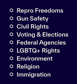 Repro Freedoms 

Gun Safety

Civil Rights

Voting & Elections 

Federal Agencies 

LGBTQ+ Rights

Environment

Religion

Immigration 