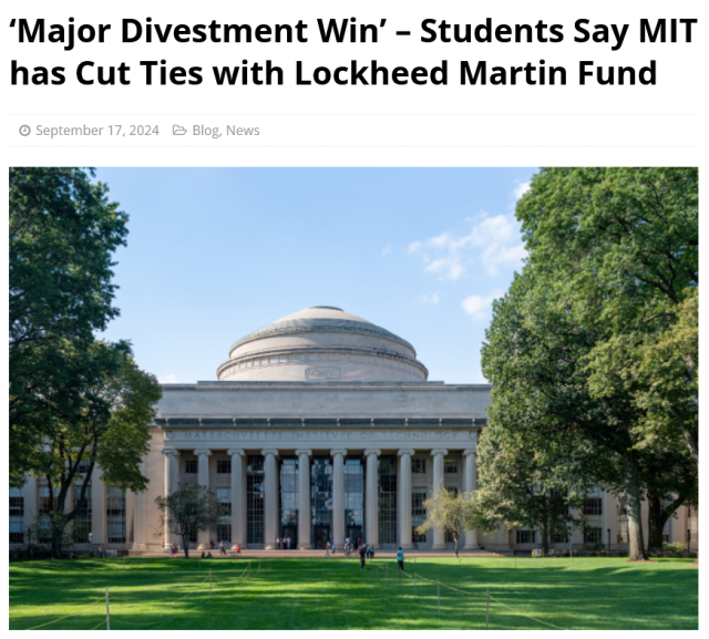 Headline: "Major Divestment win - Students say MIT has cut ties with Lockheed Martin Fund" with photo of college campus building and lawn. 